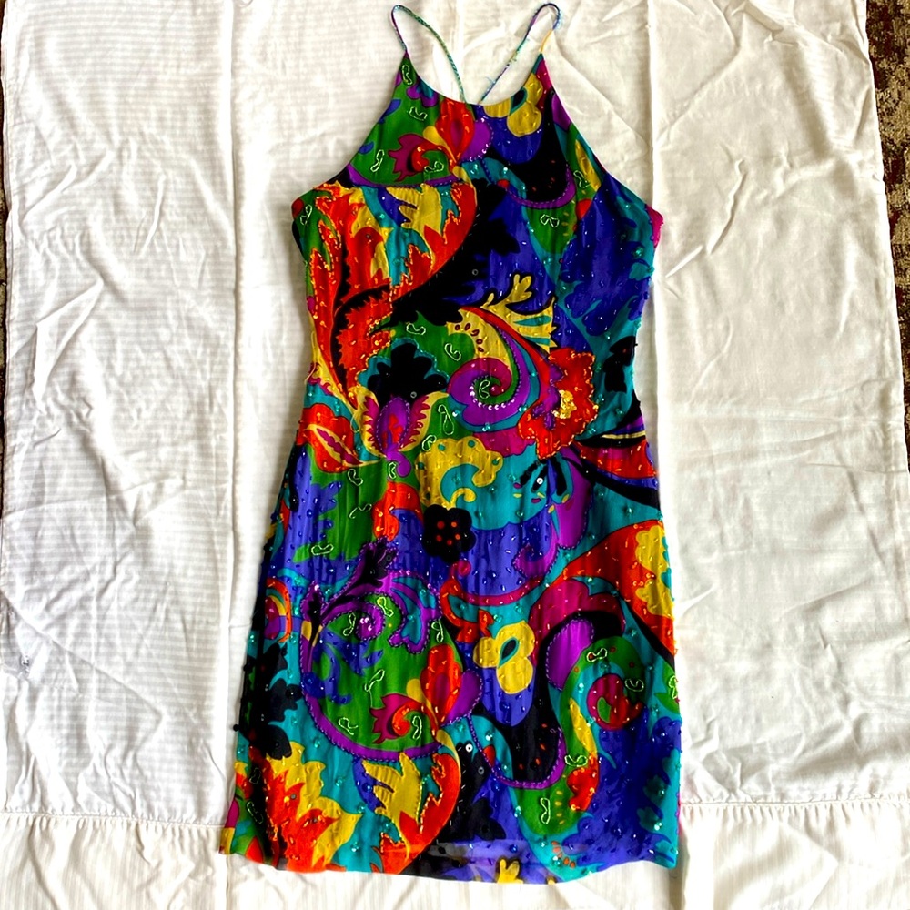 Silk Multi-colored Beaded Cocktail Dress
